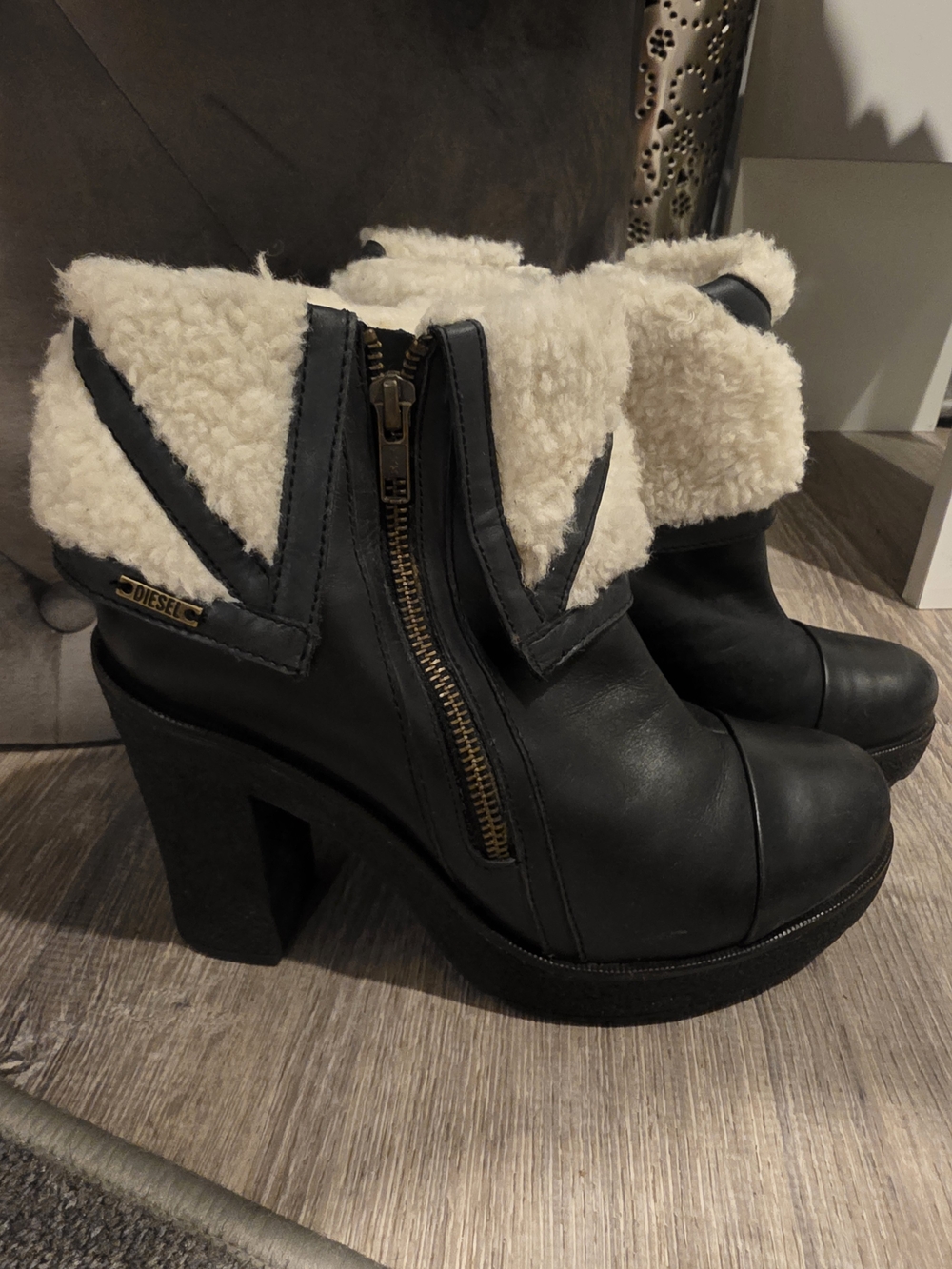 Diesel Black Leather Platform Ankle Boots with Cream Shearling Cuff